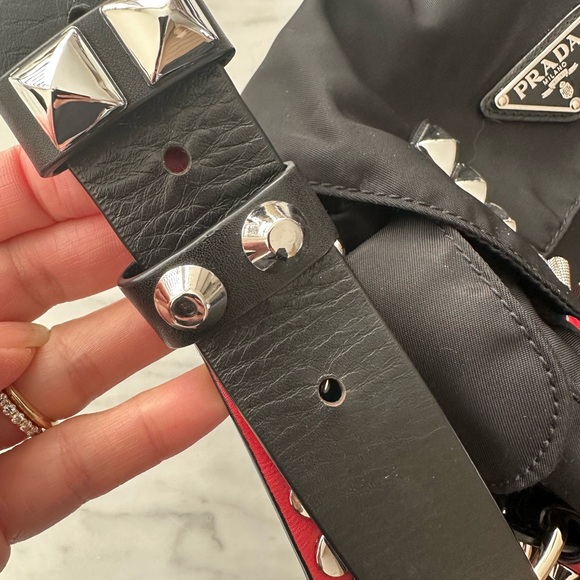 Prada New Vela Studded Black and Red Messenger Bag - Picture 3 of 12